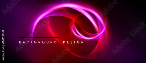 Abstract neon swirls, vibrant pinks, reds over black background. Text reads background design. Modern, dynamic visual element.