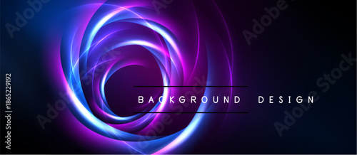 Abstract swirling lights create vibrant circular pattern. Dark background emphasizes glowing neon colors, modern design element.