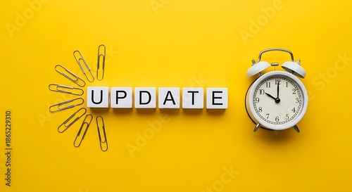 Time for a software update reminder symbolized by blocks paperclips and an alarm clock