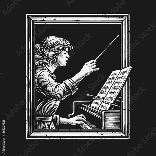 Framed black and white illustration of a female conductor at a piano.