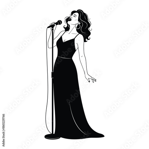 Woman singing into microphone on stand