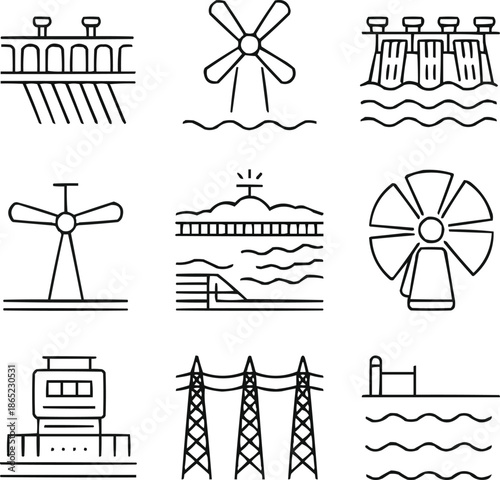 Hydropower Energy Icons Set  Dams, Turbines, and Water Flow Symbols