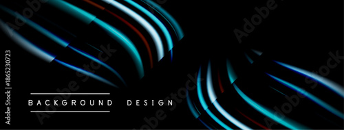 Abstract lines create dynamic composition. Blue, white, red hues contrast against dark background. Modern design element.