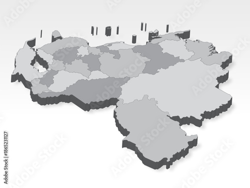 3D  Venezuela map with all states in gray. Three dimensional map Venezuela  with shadow  on white background for your design, app, UI.  EPS10.