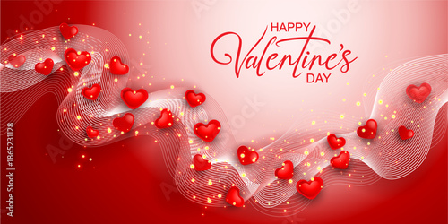 Valentines day greeting card. Red hearts falling confetti near white wave.