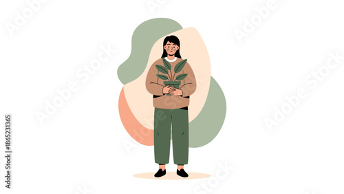 Woman Holding Potted Plant, Abstract Shapes, Green and Beige Tones, Flat Design