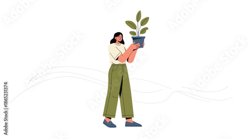 Woman holding potted plant, concept of growth, nature, and sustainability