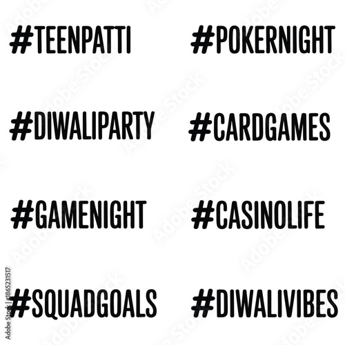 Collection of game night hashtag with gambling and partying concept for social media post design in vector format isolated on white background