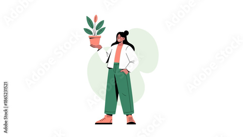 Woman holding potted plant, growth, nature, sustainability concept, illustration