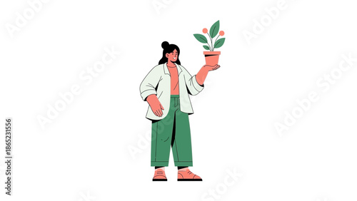 Woman holding potted plant, illustration of growth and care in lifestyle and business