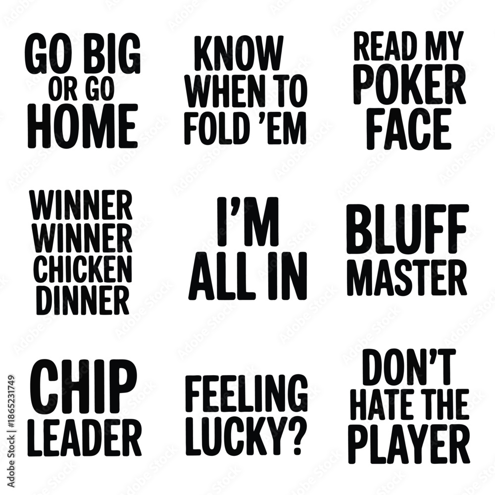 Obraz premium Collection of poker game quotes and saying for t-shirt design and poster design in vector typography style isolated on white background