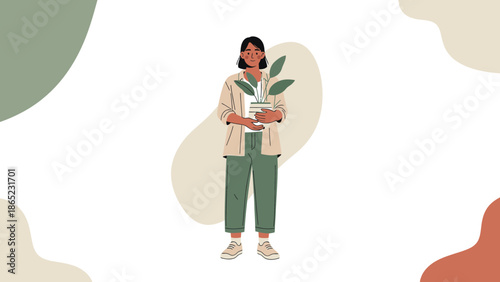 Woman holding potted plant, minimalist illustration, natural colors, abstract shapes background