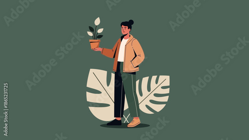 Woman holding potted plant, modern illustration, growth concept, green background