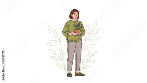 Woman Holding Potted Plant, Natural Greenery Background, Lifestyle Illustration