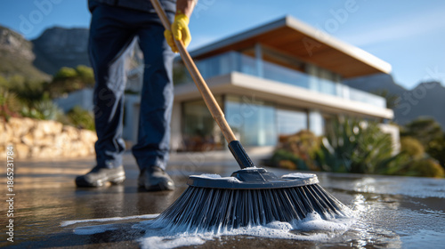 Wallpaper Mural Outdoor home maintenance scene, person cleaning driveway with broom and soap, modern architectural house visible in background, wet pavement reflecting sunlight Torontodigital.ca