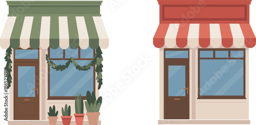  decorated plant shop with striped awning and minimal blank-sign store, ideal for retail design projects.