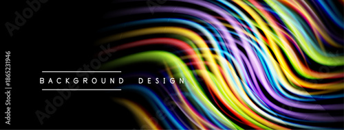 Abstract colorful waves flow across black background. Vibrant lines create dynamic, modern design element. Smooth curves suggest movement.