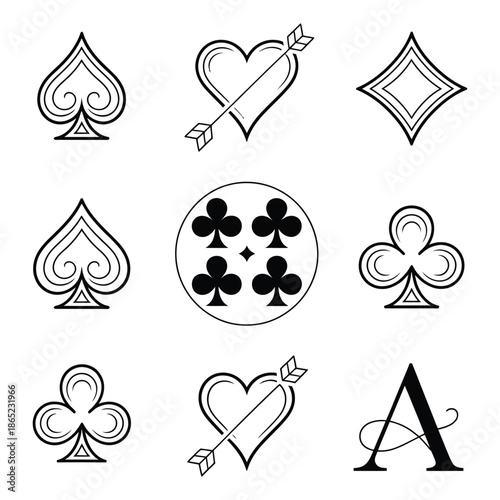 Collection of vector icons of playing card suits in black and white, ideal for creating design for casino, poker, bridge, luck and gambling business