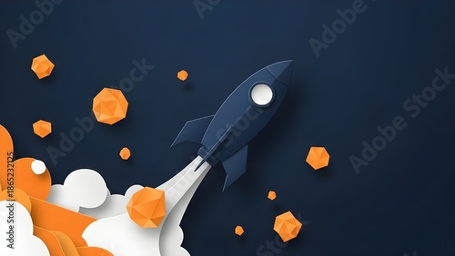 Rocket launching into space with vibrant orange and white clouds