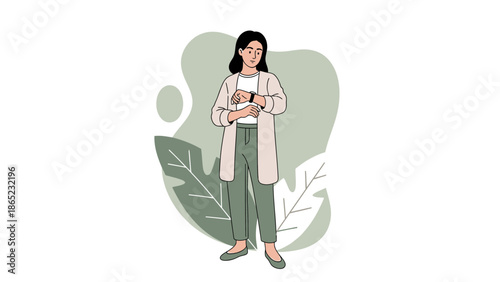 Woman checking smartwatch, modern flat illustration with abstract organic shapes and leaves