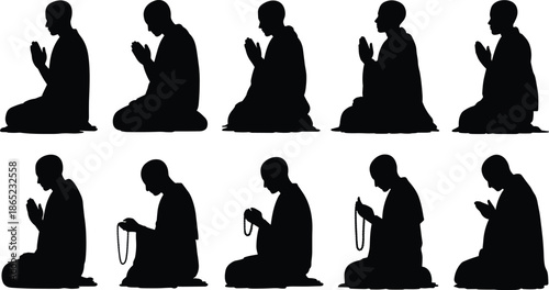 Set of ten kneeling prayer and meditation silhouettes, ideal for spiritual, religious, and wellness-themed design projects.