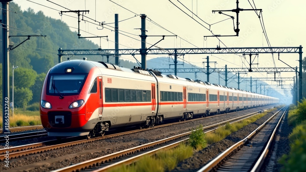Fototapeta premium Outdoor train passing through mountains and forests with distant scenery