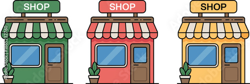 Set of three cartoon-style storefronts labeled “SHOP” in green, red, and yellow themes with striped awnings and plants.
