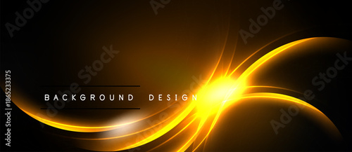 Abstract golden lines radiate from bright center. Dark background creates dramatic visual effect. Modern design element.