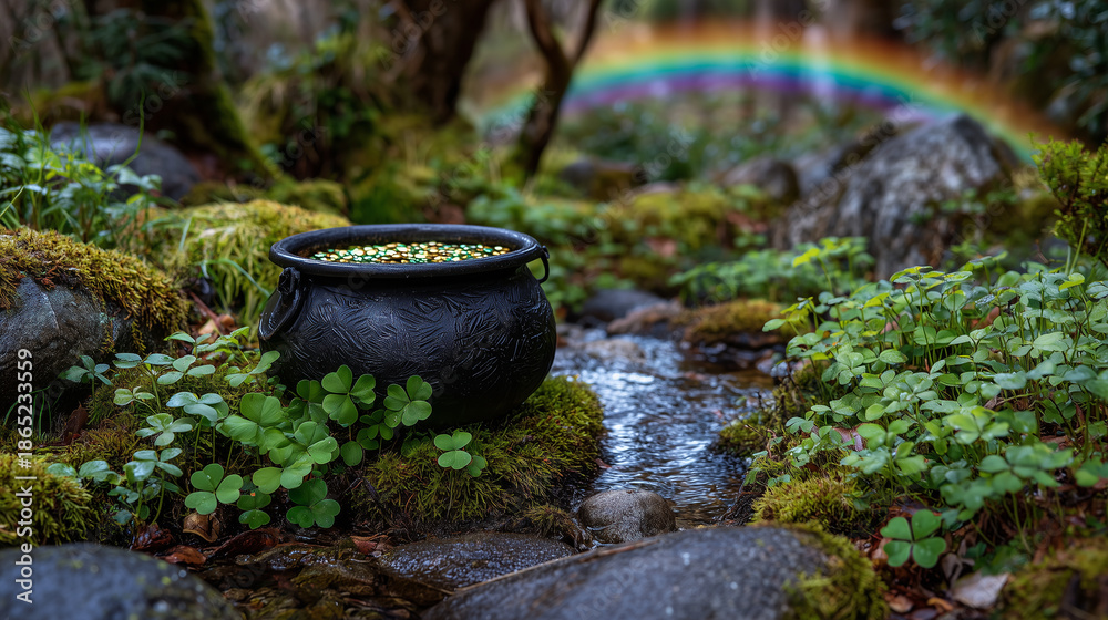 Obraz premium Pot of gold hidden among moss, surrounded by tiny shamrocks, magical soft light