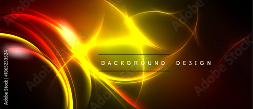 Bright abstract lines, swirls, vibrant yellow, orange, red hues. Dark background creates dramatic visual impact. Modern design element.