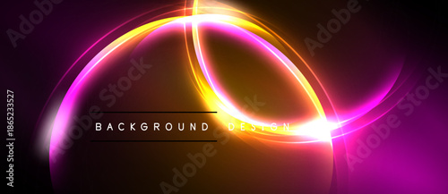 Abstract neon lights create vibrant circular patterns. Background features text background design. Dark space surrounds glowing elements.