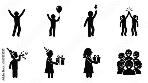 Collection of black silhouette stick figures depicting various celebratory moments like cheering holding balloons giving gifts blowing noisemakers and group high fives