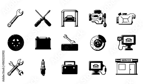 Auto mechanic car service and repair icons vector set on white background for automotive maintenance