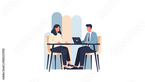 Two people in business attire meeting at a table with a laptop, modern flat illustration