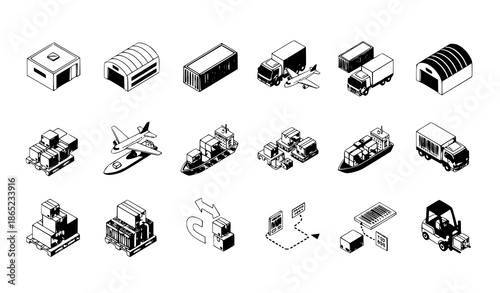 Clean isometric logistics cargo icons vector set on white background for business and delivery graphics