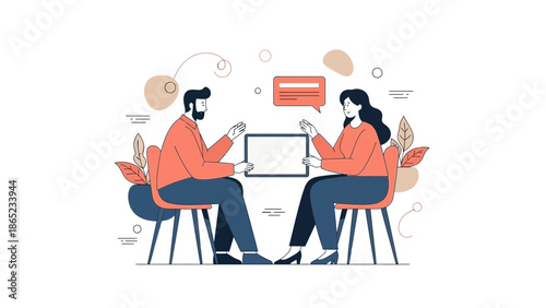 Two people in a meeting discussing ideas, using a tablet, flat design illustration