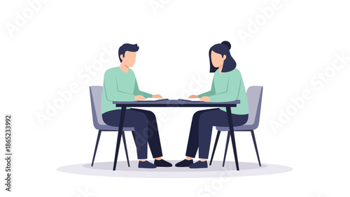 Two people sitting at a table, discussing documents. Business meeting illustration.