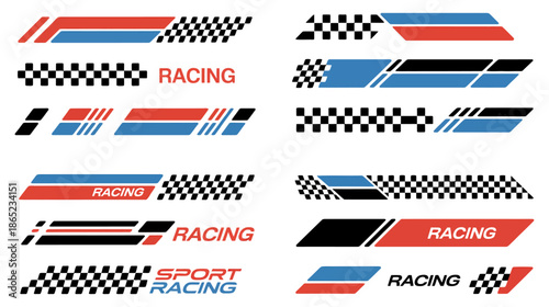 Collection of racing stripes and checkered flag with racing text sport