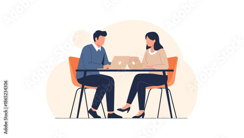 Two people, man and woman, working together on laptops at a table, flat design illustration