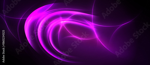 Bright purple swirls radiate from center. Dark background emphasizes luminous curves, creating abstract energy flow.