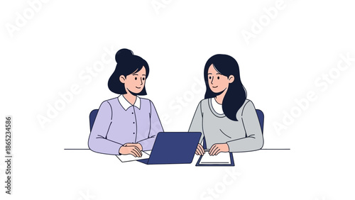 Two women working together on a laptop, collaboration, modern office illustration