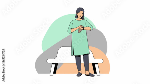 Woman checking smartwatch while waiting on bench, modern flat illustration