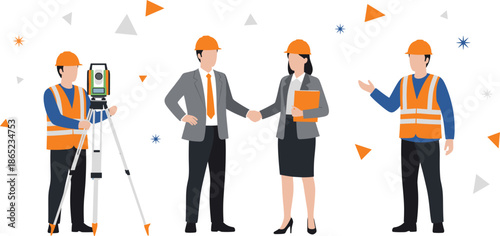Construction Team and Engineers Working Together with Survey Equipment, Safety Helmets, and Project Coordination Flat Vector Illustration