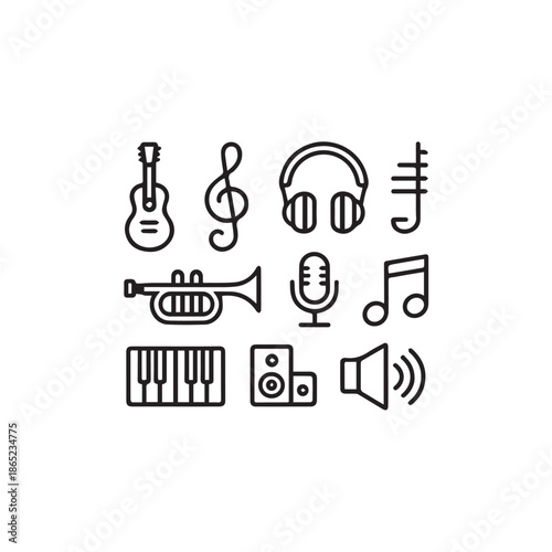 Minimalist Music and Audio Line Icon Set: Instruments, Equipment, and Notation Symbols