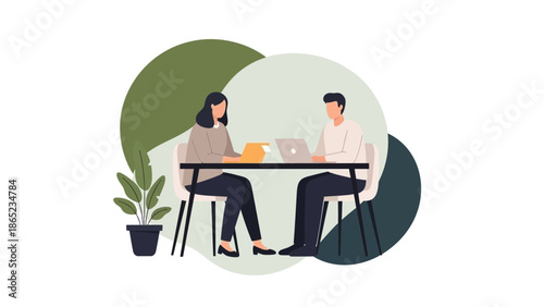 Two people collaborating at a table with laptops and a plant, modern flat illustration.