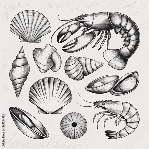 Vintage Seafood and Seashell Illustrations: Detailed Pen and Ink Engraving Style Collection of Lobster, Shrimp, and Marine Shells
