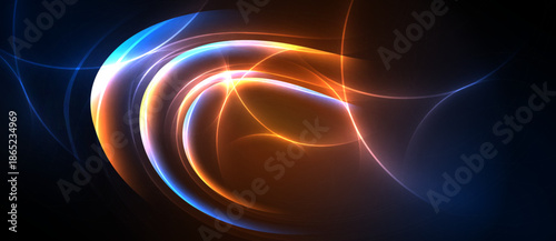 Abstract swirls, vibrant orange, blue hues dominate. Light trails create dynamic, flowing patterns against dark background. Energy radiates.
