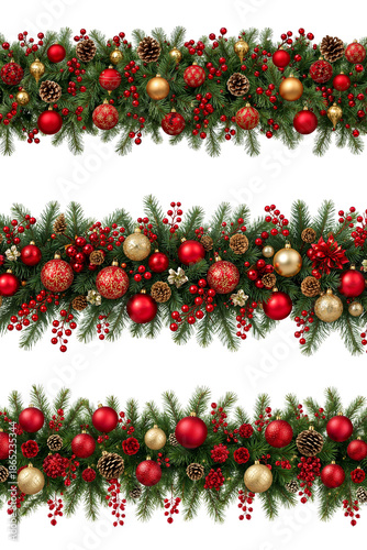 Christmas garland with golden and red baubles. Png transparent background.