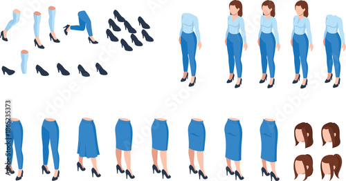 Female Character Creation Kit with Body Parts Clothing Hairstyles and Shoes Flat Vector Illustration Isolated on White Background