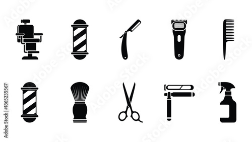 Set of ten barber shop tools and equipment icons in black on grey